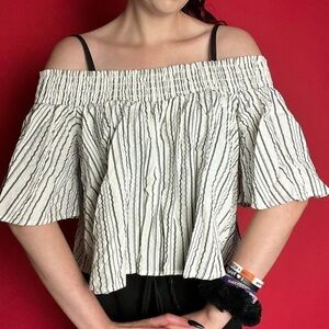 Striped over the shoulder cottage top 🤍🖤​​​​​​​​​​​​​​​​​​